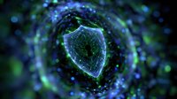Glowing shield symbol surrounded by luminous particles and energy waves in dark space, representing digital security and cyber protection technology.