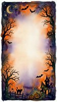 Watercolor Halloween border frame with haunted house, black cat, pumpkins, bats, spiderwebs, and crescent moon, with blank center space for text.