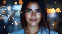 Young Hispanic woman smiling warmly with golden bokeh lights creating magical atmosphere. Professional headshot with soft lighting for lifestyle content.