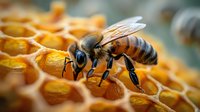 Honey bee worker collecting nectar on golden honeycomb cells in beehive, macro photography showing detailed insect anatomy and natural honey production.