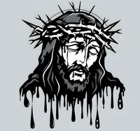 Artistic black and white portrait of Jesus Christ wearing crown of thorns with dripping paint effect, religious illustration on light background.