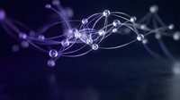 Abstract network connections with glowing purple nodes and flowing lines on dark background for technology and digital communication concepts.