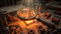 Futuristic copper circuit board with glowing orange pathways and electronic components in warm ambient lighting for technology and innovation concepts.