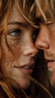 Close-up of couple with freckles and auburn hair sharing an intimate moment, their faces nearly touching in warm golden light.
