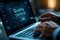Quality control text glowing on laptop screen while person types, highlighting modern business standards and inspection processes in dark office setting.