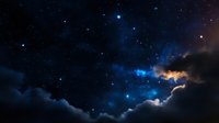Dramatic night sky with glowing stars and illuminated clouds in deep blue and orange colors, cosmic atmosphere with nebula effects creates mystical mood.