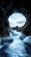 View through ice cave opening showing snowy mountain landscape and frozen stream, dramatic natural frame with blue glacial ice formations and rocky terrain in winter.