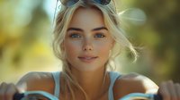 Young Caucasian woman with blonde hair and natural makeup smiling outdoors in sunlight, wearing tank top and sunglasses on head, radiating happiness and confidence.