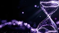 Glowing purple hourglass with sparkling particles and bokeh effects on dark background creates magical atmosphere for time concept designs.