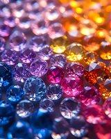 Colorful gemstones arranged in rainbow pattern from blue to pink and orange, with brilliant facets catching light and creating sparkly reflections. Luxury jewelry background.