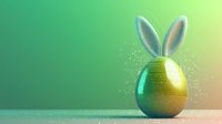 Colorful gradient Easter egg with bunny ears on green background with sparkles for holiday greeting cards and spring celebration designs.