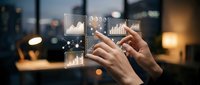 Hands interacting with holographic business data visualization interface displaying charts and graphs in modern office environment for digital analytics.