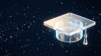 Transparent glass graduation cap floating against starry night sky background symbolizing academic achievement and educational success in higher learning.