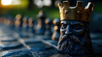 Ornate chess king piece with golden crown and detailed beard on wooden chessboard with blurred background bokeh lights for strategic game concepts.
