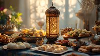 Traditional Middle Eastern lantern glowing among plates of sweets, dates, and pastries on decorated table with warm ambient lighting and shadows.