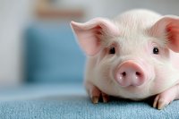 Adorable pink piglet with curious expression lying on blue sofa, close-up portrait showing soft pink ears and snout against blurred background.