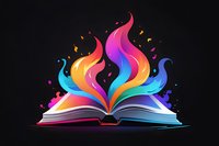 Open book with vibrant rainbow flames rising from pages against dark background, magical colorful fire effect symbolizing knowledge and imagination coming alive.