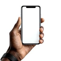 Hand holding modern smartphone with blank white screen isolated on white background for mockup or app design presentation.