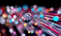 Macro photography of water drops on fiber optic strands with colorful bokeh background creating magical light reflections and refractions in spherical form.