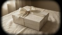 Elegant white gift box with satin ribbon bow and Happy Birthday embossing on linen surface, soft vignette lighting for luxury celebration concept.