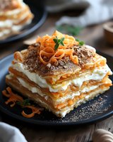 Layered puff pastry dessert with whipped cream filling, topped with chocolate shavings, candied orange peel and mint leaves on dark plate, rustic wooden background.