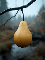 Single ripe yellow pear hanging from bare tree branch against moody autumn background with water droplets and misty forest atmosphere.