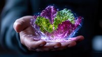 Glowing magical crystal formation floating above open palm with vibrant purple, green and blue energy emanating in dark atmosphere, fantasy concept art.