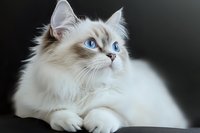 Portrait of white ragdoll cat with striking blue eyes and long fur lying on dark background, looking up with regal expression. Professional pet photography.