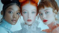 Portrait of three diverse women with ethereal makeup, Victorian-style lace collars, and distinctive hairstyles against dreamy blue background. Fashion editorial concept.