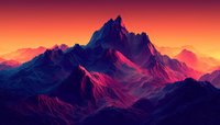 Dramatic mountain range silhouette at sunset with vibrant gradient sky in purple, orange and yellow hues creating a surreal landscape.