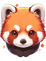 Cute cartoon red panda with big eyes and small orange flowers, illustrated in kawaii style for children's books, merchandise, and digital content.