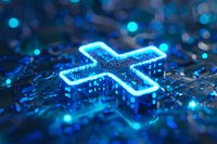 Glowing blue cross symbol on computer circuit board with bokeh lights and digital technology elements, representing healthcare technology and medical innovation.