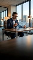 Male professional in business casual attire examining holographic digital interface at modern office desk with city skyline view, representing technology innovation and corporate workspace solutions.