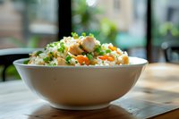 Fresh homemade fried rice with chicken, carrots, green onions and eggs served in white ceramic bowl on wooden table, natural window lighting.