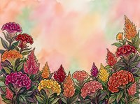 Watercolor celosia garden with vibrant pink, red, orange and yellow blooms on a soft pastel background, perfect for prints and cards.