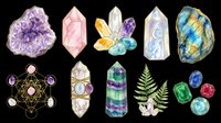 Gemstones and crystals collection isolated on transparent background, featuring amethyst clusters, rose quartz points, fluorite specimens, and polished stones. Ready for t-shirt designs, stickers, clipart, and print-on-demand products.