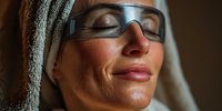 Middle-aged Caucasian woman with towel on head wearing eye mask during spa treatment, relaxing with serene expression in warm ambient lighting.