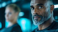 African American mature man with gray beard looking thoughtfully ahead against blurred blue background, professional corporate portrait in modern office setting.