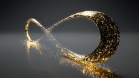 Golden glowing heart shape made of sparkling particles and light trails on dark background for romantic designs and Valentine's Day projects.