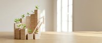 Wooden blocks arranged as ascending stairs with green plants growing from each step, symbolizing business growth and sustainable development in bright interior.