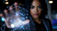 Young African American businesswoman with magical glowing particles floating around her hand, representing innovation and digital transformation in modern workplace.