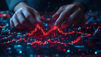 Hands typing over glowing red financial chart display with market data visualization, dramatic lighting and bokeh effects create futuristic trading atmosphere.