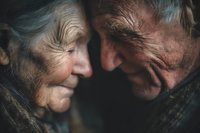 Elderly couple sharing intimate moment with foreheads touching, showing deep love and connection in golden light for relationship and aging concepts.