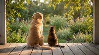 Golden retriever dog and tabby cat sitting together on wooden deck overlooking lush garden during golden hour sunset creating peaceful companionship moment.