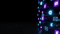 Digital communication icons floating in cyberspace with glowing effects on dark background for technology and networking concepts.