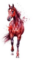 Watercolor red horse galloping with paint splashes on white background. Artistic equine illustration for creative projects and decorative designs.