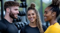 Diverse group of young fitness enthusiasts sharing a cheerful moment at gym, wearing workout attire. Mixed ethnicity friends enjoying social interaction during exercise break.