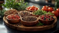 Aromatic peppercorns and spices in wooden bowls on round cutting board with fresh herbs and cherry tomatoes, dark moody food photography styling.