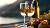 Two glasses of white wine with grapes and chocolates on wooden tray during golden hour sunset creating warm romantic dining atmosphere for celebrations.