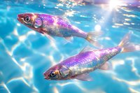 Iridescent purple and silver fish swimming in crystal clear turquoise water with sunlight creating rippling patterns and reflections on sunny summer day.